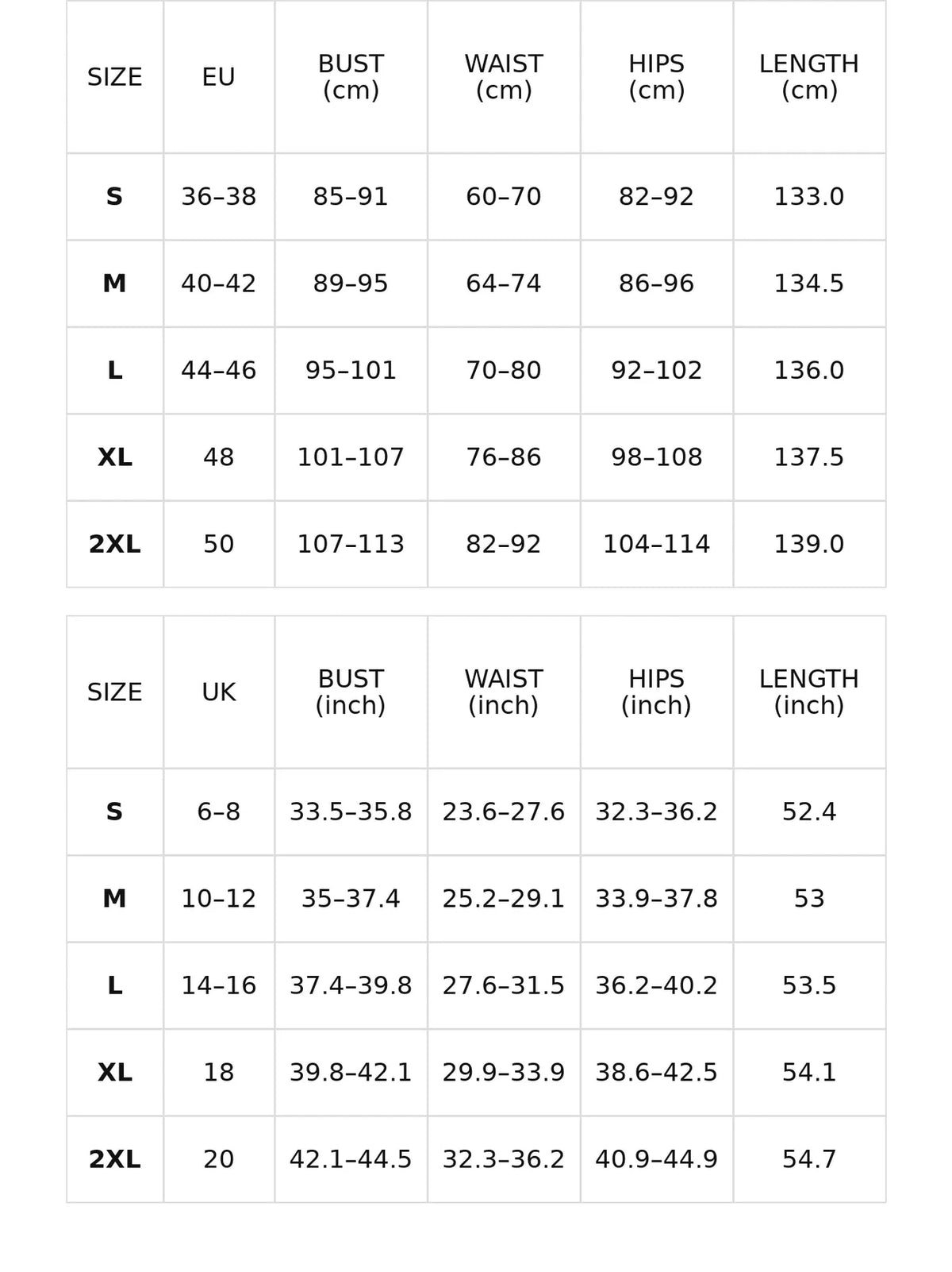 Size chart for the ruffle-trim maxi dress with high side slit