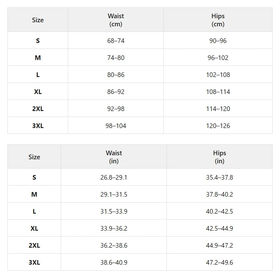 Size chart for seamless push-up shaping shorts
