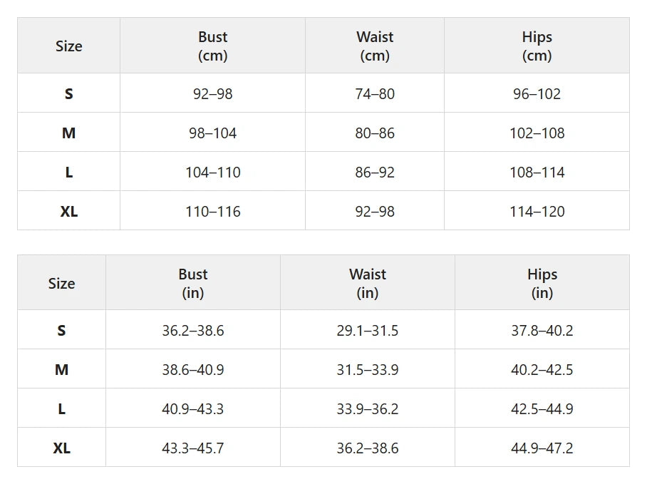 Size chart for seamless shaping bodysuit with adjustable straps