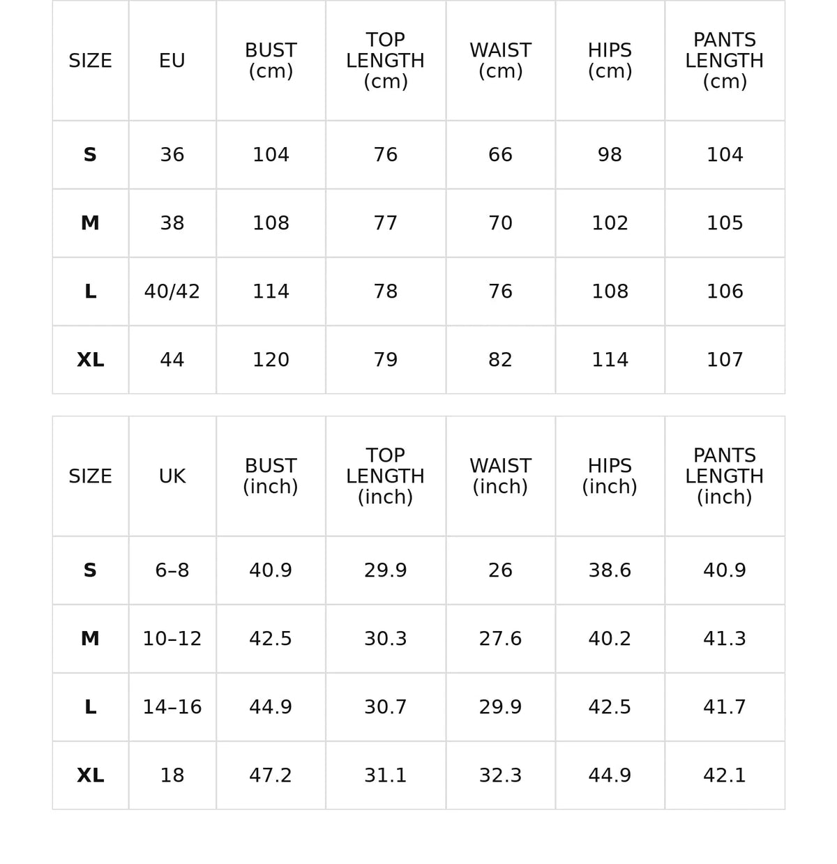 Size chart for sequin blazer and wide-leg pants set