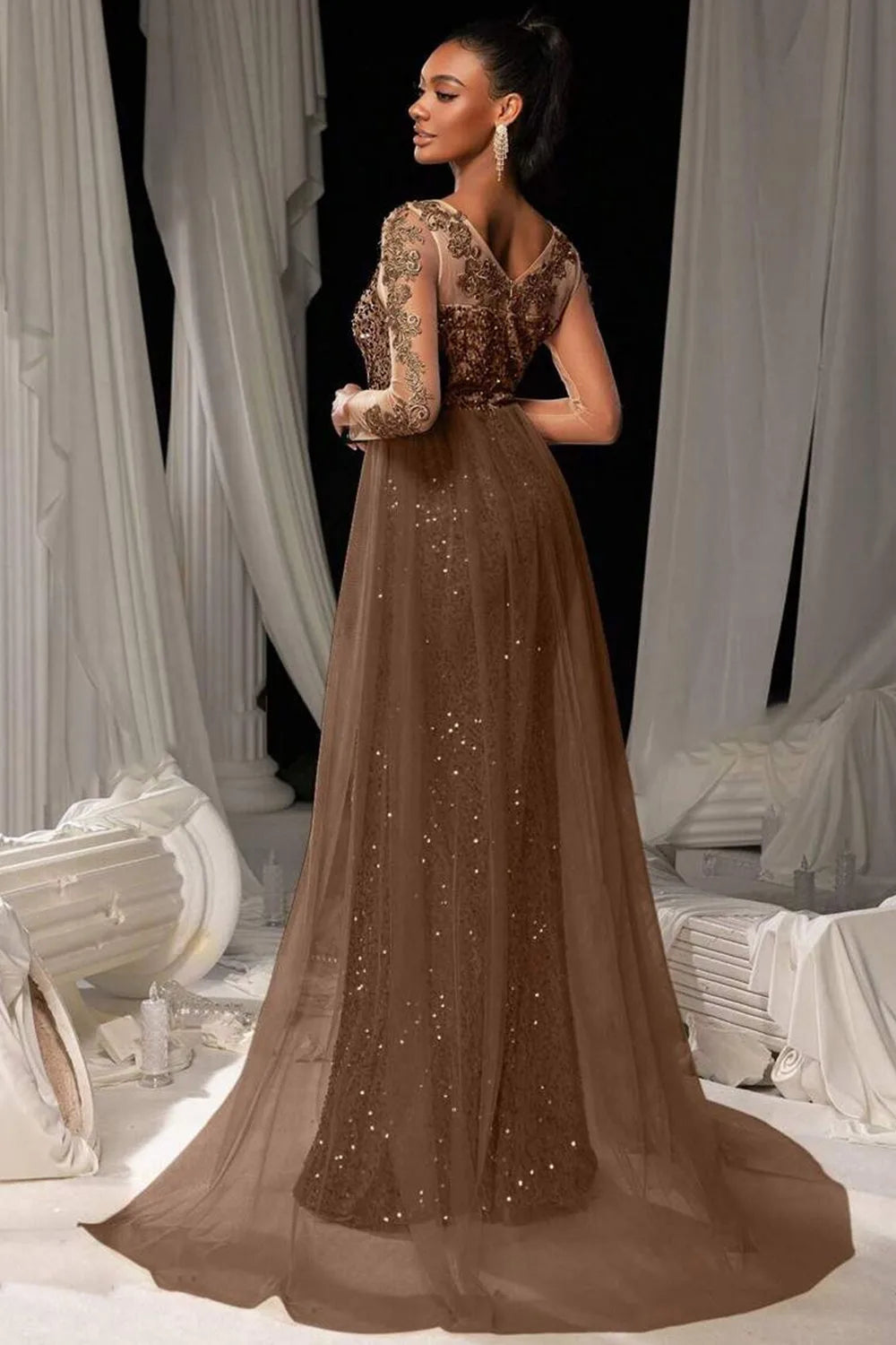 Women's sequin mermaid evening gown with train overskirt, brown, back view