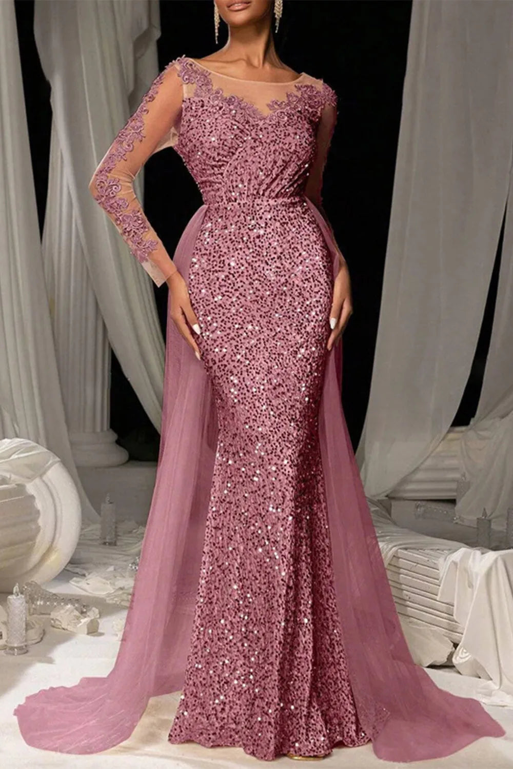 Women's sequin mermaid evening gown with train overskirt, dusty pink, front view