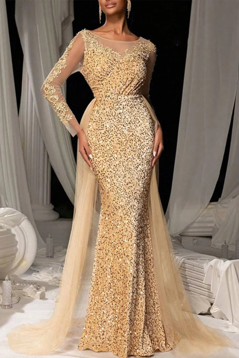 Women's sequin mermaid evening gown with train overskirt, gold, front view
