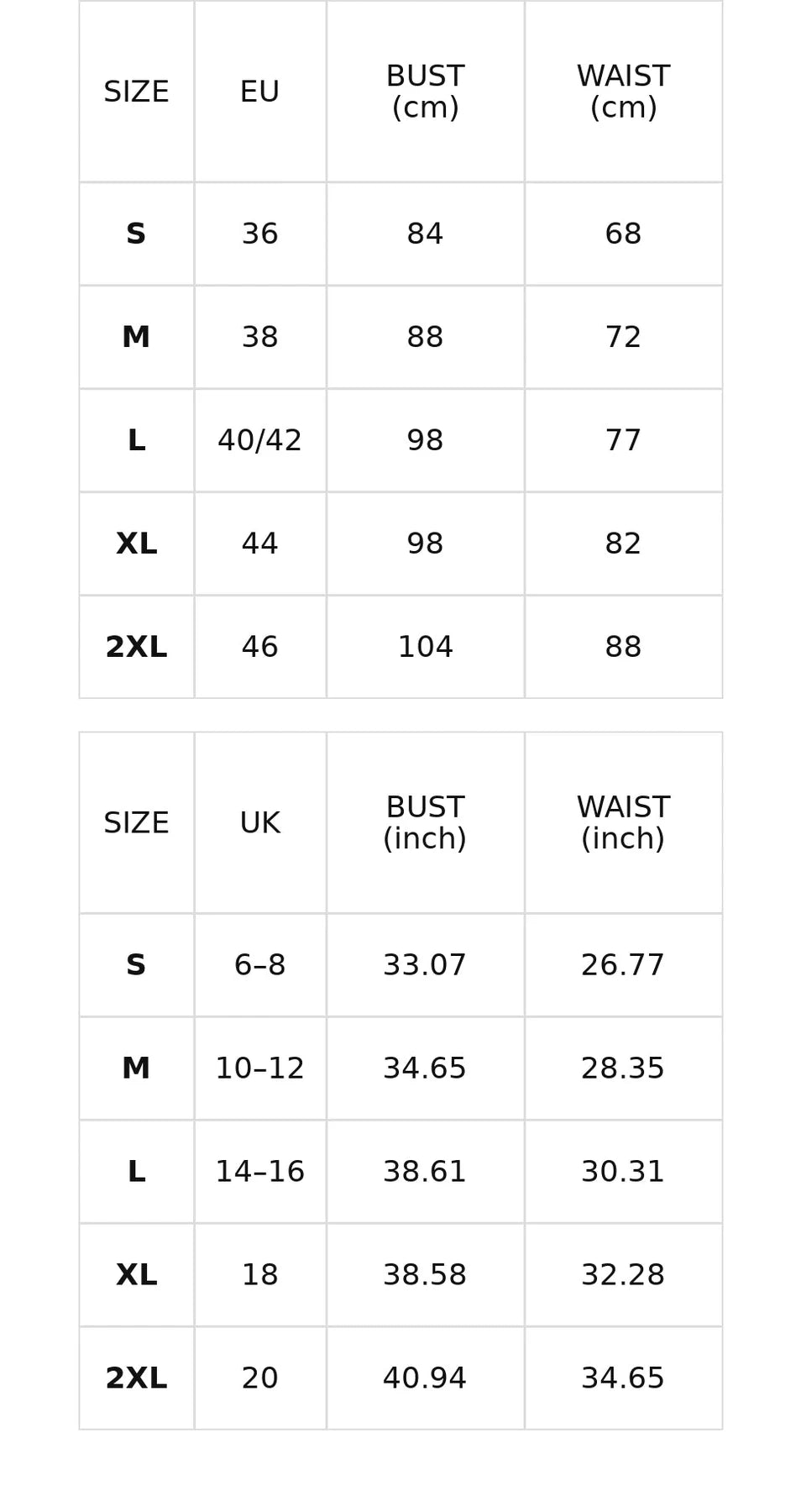 Size chart for the sequin mermaid evening gown with train overskirt
