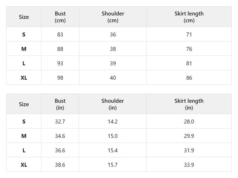 Size chart for sequin mini dress with back bow detail