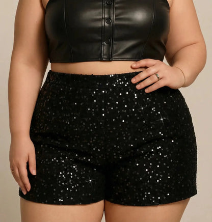 Women's sequin shorts with elastic waist, black, plus-size front view