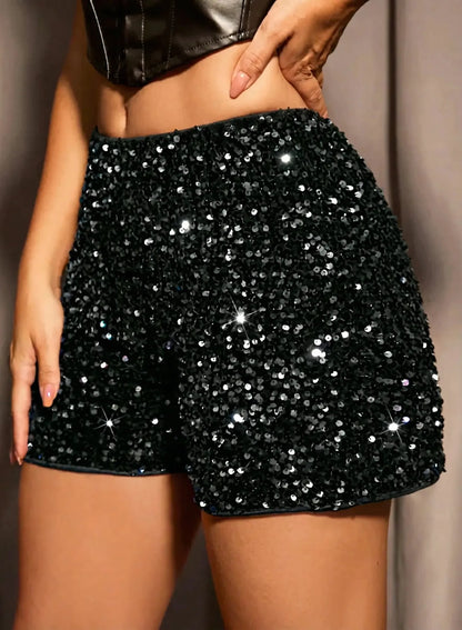 Women's sequin shorts with elastic waist, green-black, close-up front view