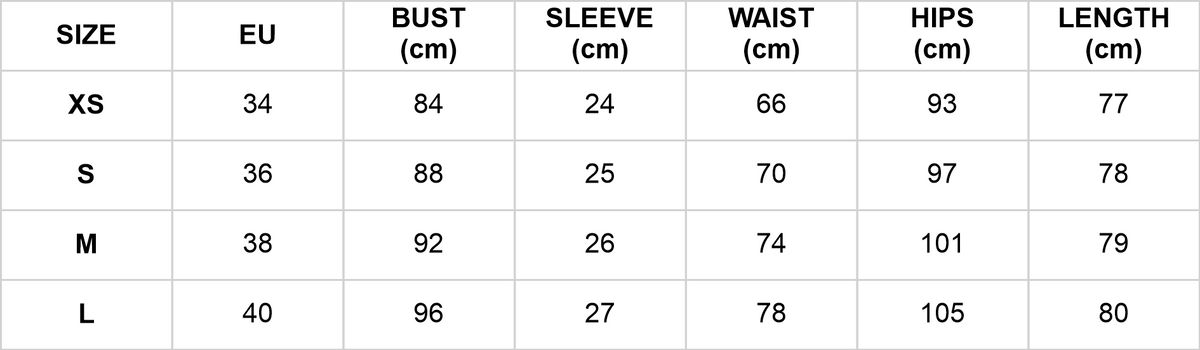 Size chart for the short-sleeve round-neck mini dress