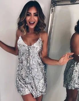Women's silver sequin mini slip dress with V-neck, front view