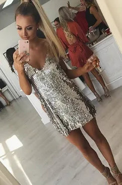 Women's silver sequin mini slip dress with V-neck, mirror view