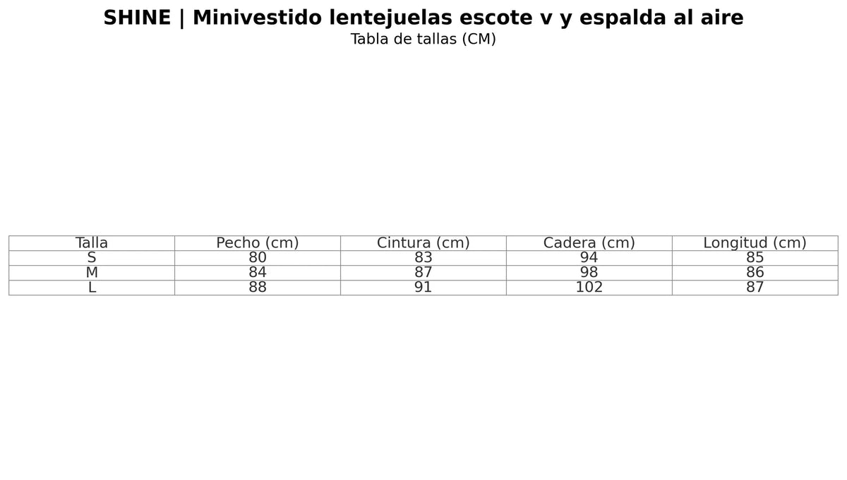 Size chart for the silver sequin mini slip dress with v-neck