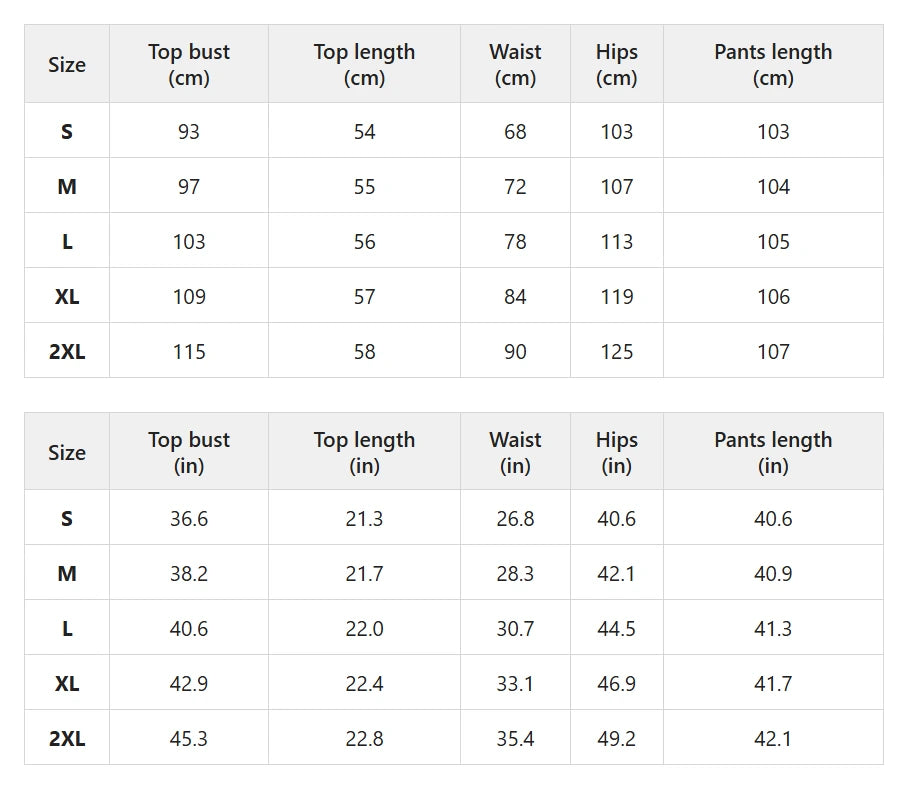 Size chart for sleeveless button vest and wide-leg pants set