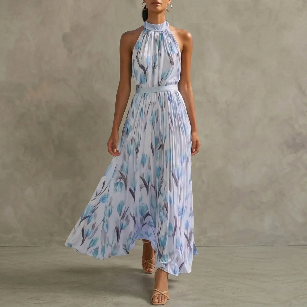 Women's sleeveless floral halter maxi dress with A-line skirt, light blue, front view