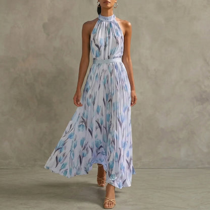 Women's sleeveless floral halter maxi dress with A-line skirt, light blue, front view