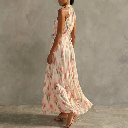 Women's sleeveless floral halter maxi dress with A-line skirt, pink, back view