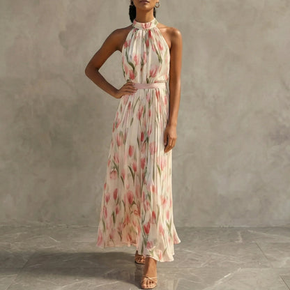 Women's sleeveless floral halter maxi dress with A-line skirt, pink, front view