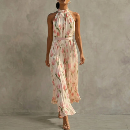 Women's sleeveless floral halter maxi dress with A-line skirt, pink, side view