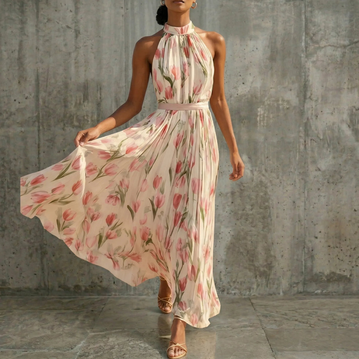 Women's sleeveless floral halter maxi dress with A-line skirt, pink, skirt in motion