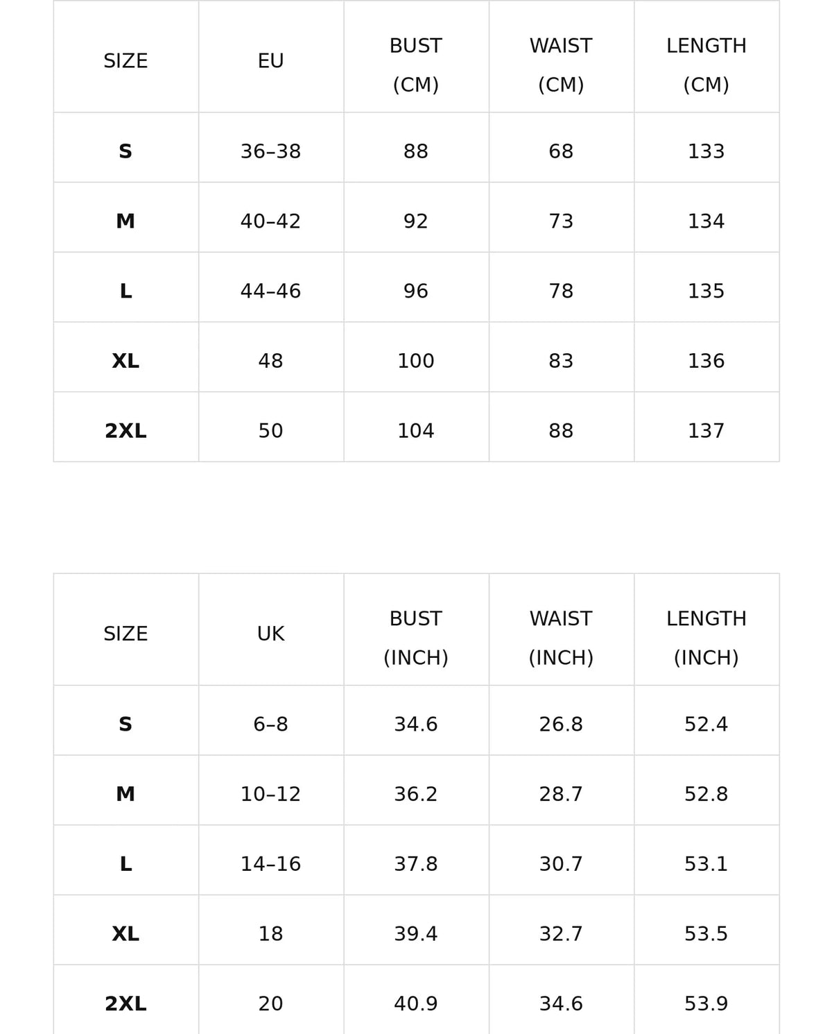 Size chart for the sleeveless floral halter maxi dress with a-line skirt