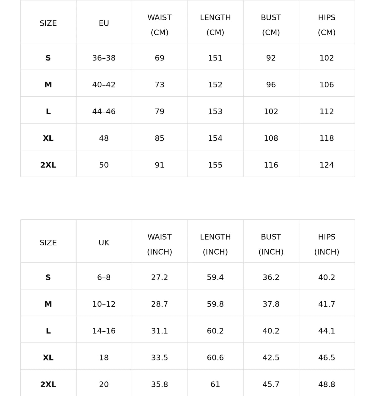 Size chart for sleeveless round-neck jumpsuit with adjustable belt