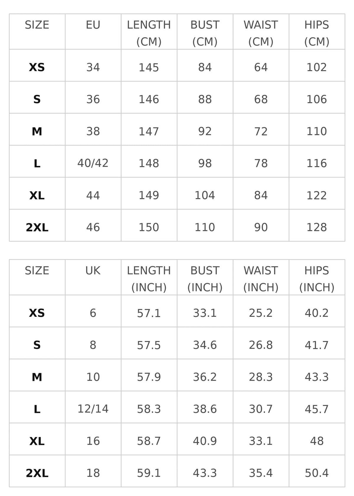 Size chart for sleeveless v-neck jumpsuit with front zip and pleated legs