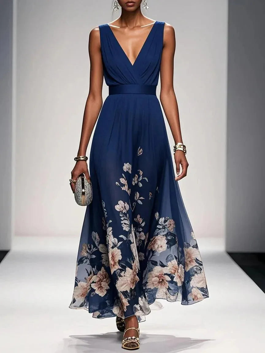 Women's sleeveless V-neck maxi dress with floral hem, blue, front view