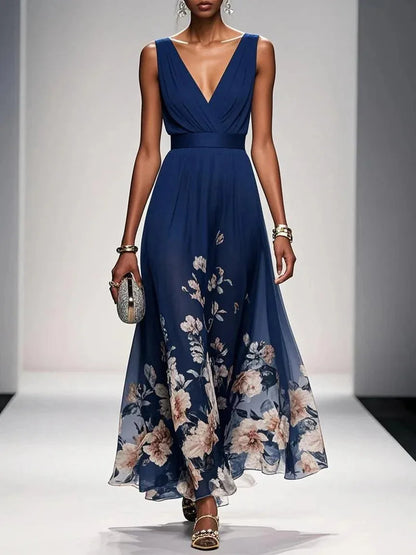 Women's sleeveless V-neck maxi dress with floral hem, blue, front view