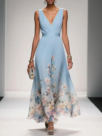 Women's sleeveless V-neck maxi dress with floral hem, light blue, front view