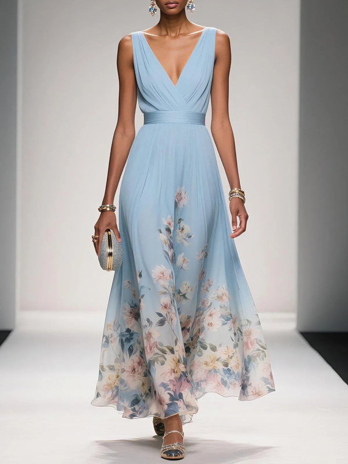 Women's sleeveless V-neck maxi dress with floral hem, light blue, front view