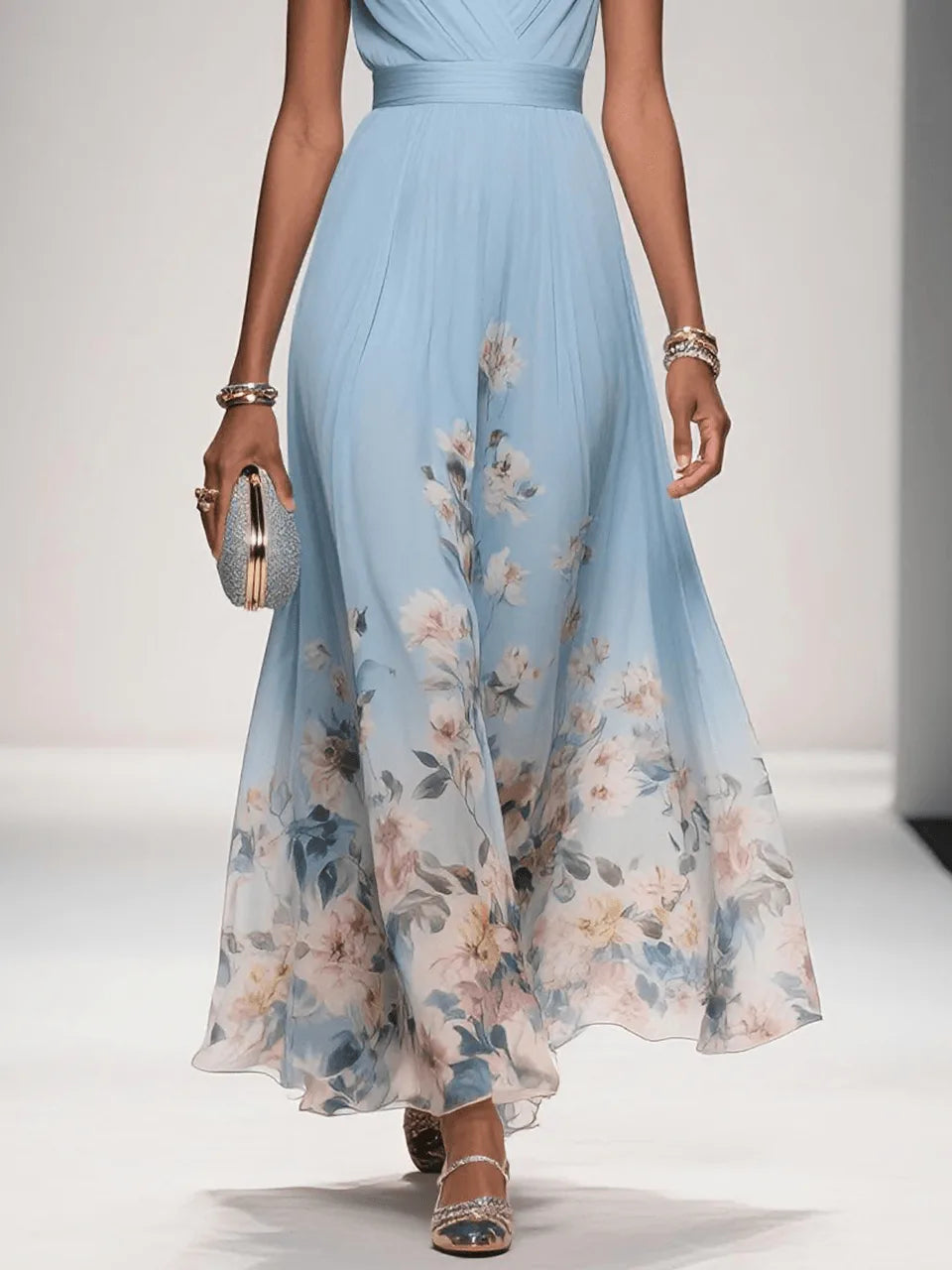 Women's sleeveless V-neck maxi dress with floral hem, light blue, three-quarter view