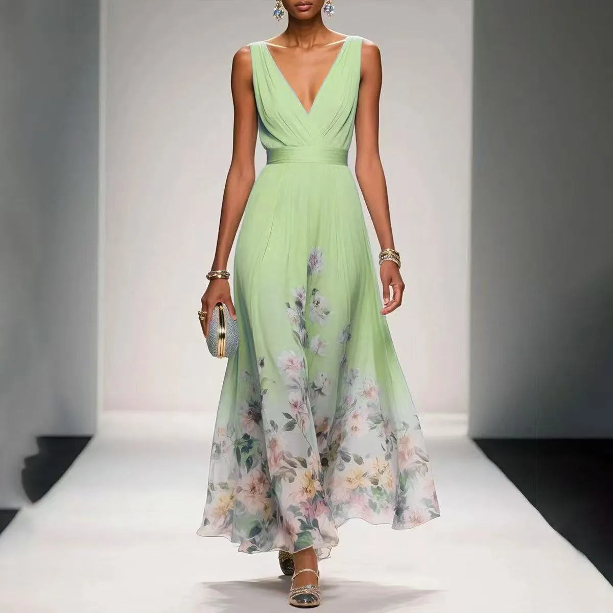 Women's sleeveless V-neck maxi dress with floral hem, light green, front view