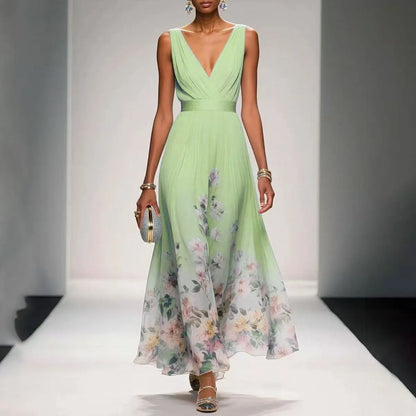 Women's sleeveless V-neck maxi dress with floral hem, light green, front view