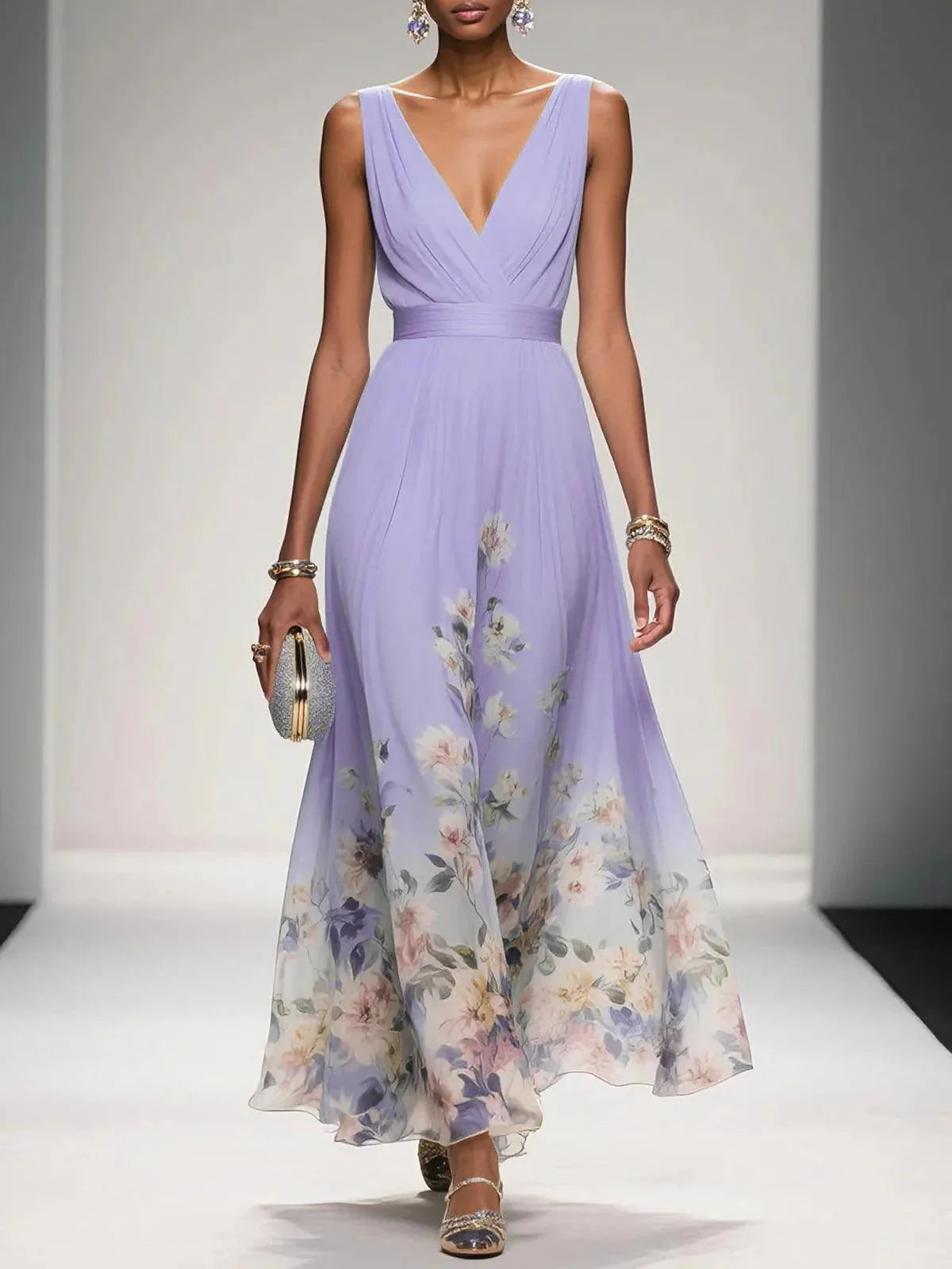 Women's sleeveless V-neck maxi dress with floral hem, lilac, front view