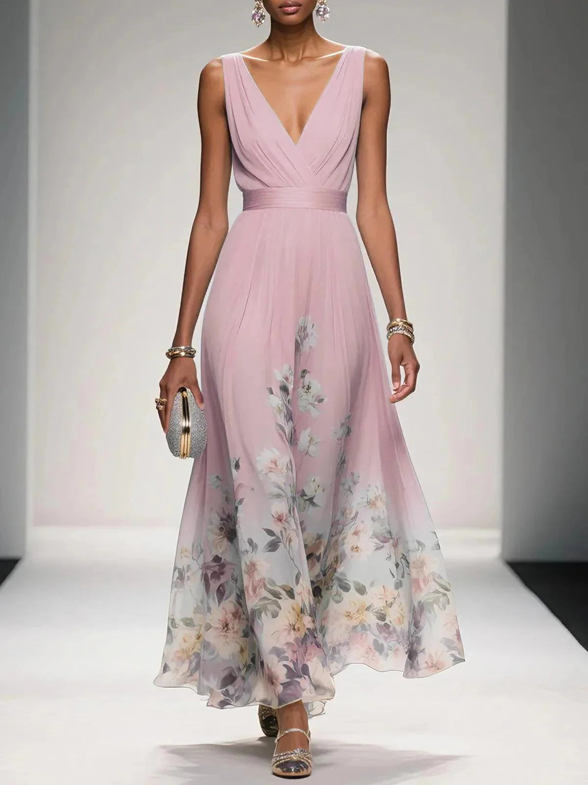 Women's sleeveless V-neck maxi dress with floral hem, pink, front view