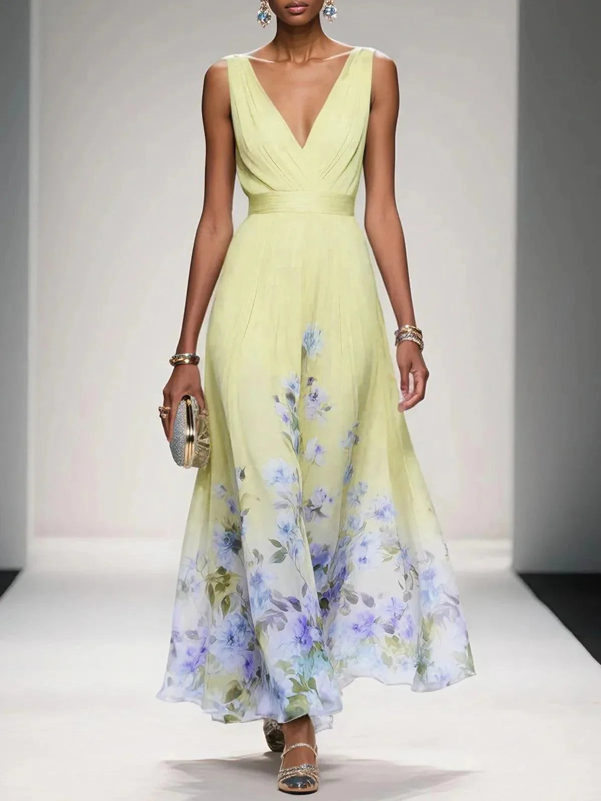 Women's sleeveless V-neck maxi dress with floral hem, yellow, front view