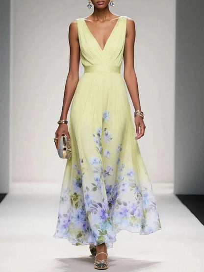 Women's sleeveless V-neck maxi dress with floral hem, yellow, front view