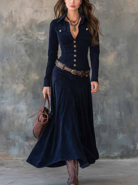 Slim-fit faux suede maxi dress with high neck and slit, front view