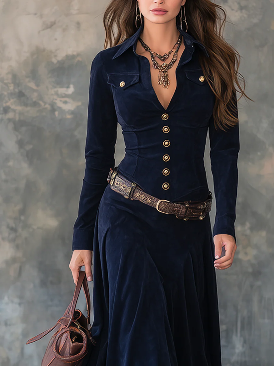 Faux suede maxi dress with high neck, side slit view