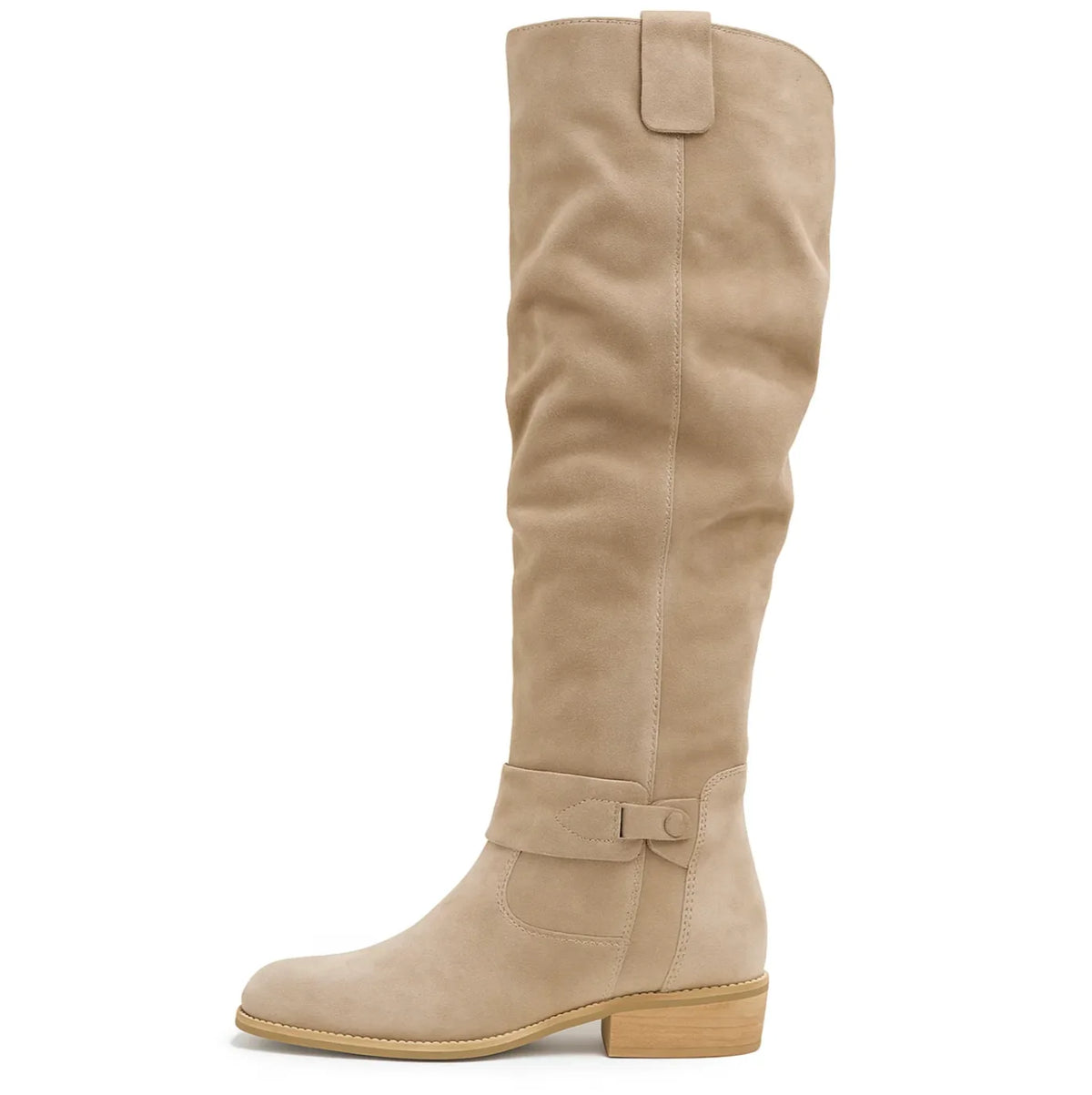 Women's slouchy knee-high boots with buckle strap, beige, front three-quarter view