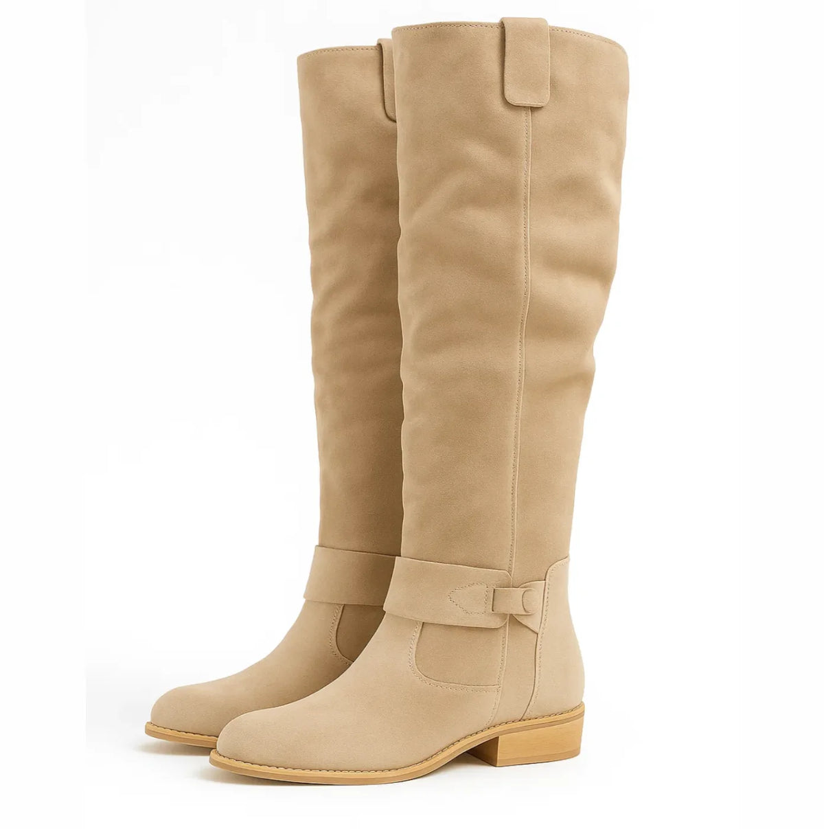 Women's slouchy knee-high boots with buckle strap, beige, pair view