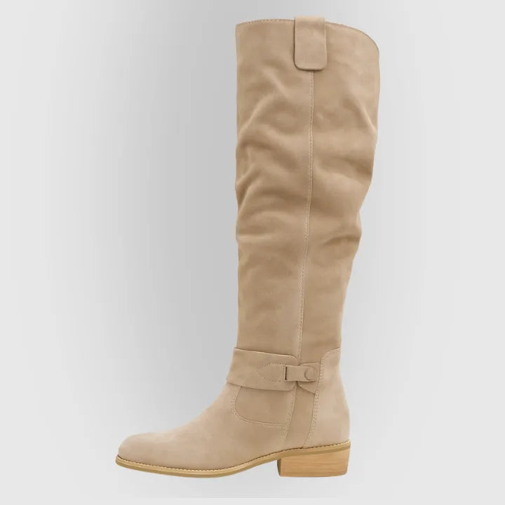 Women's slouchy knee-high boots with buckle strap, beige, side view