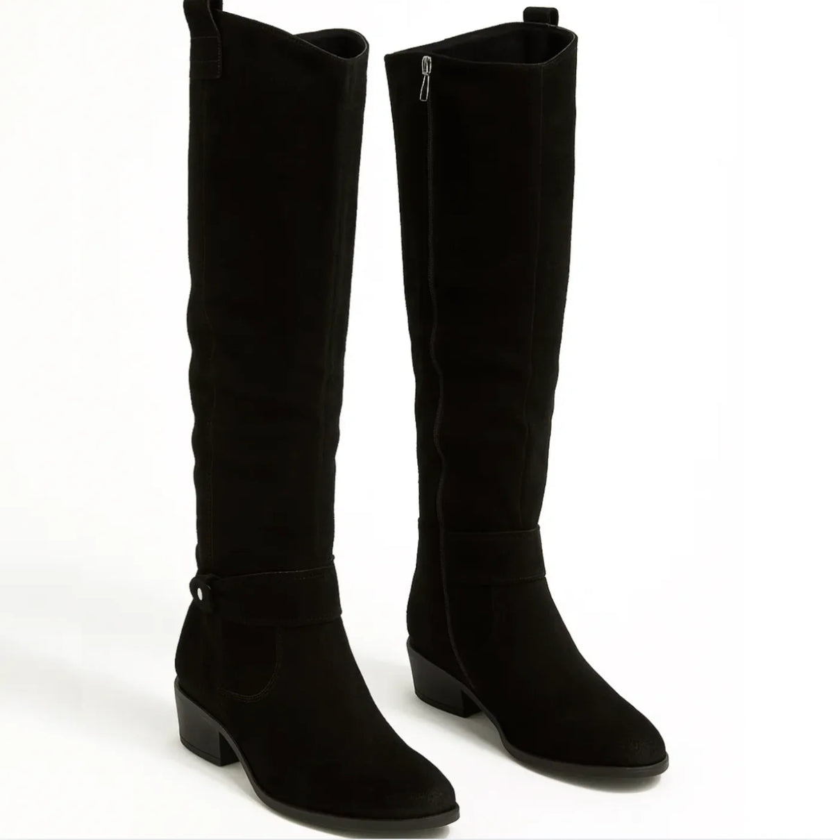 Women's slouchy knee-high boots with buckle strap, black, front view