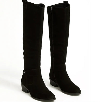 Women's slouchy knee-high boots with buckle strap, black, front view