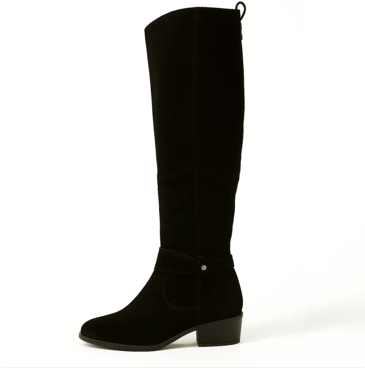 Women's slouchy knee-high boots with buckle strap, black, side view