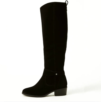 Women's slouchy knee-high boots with buckle strap, black, side view