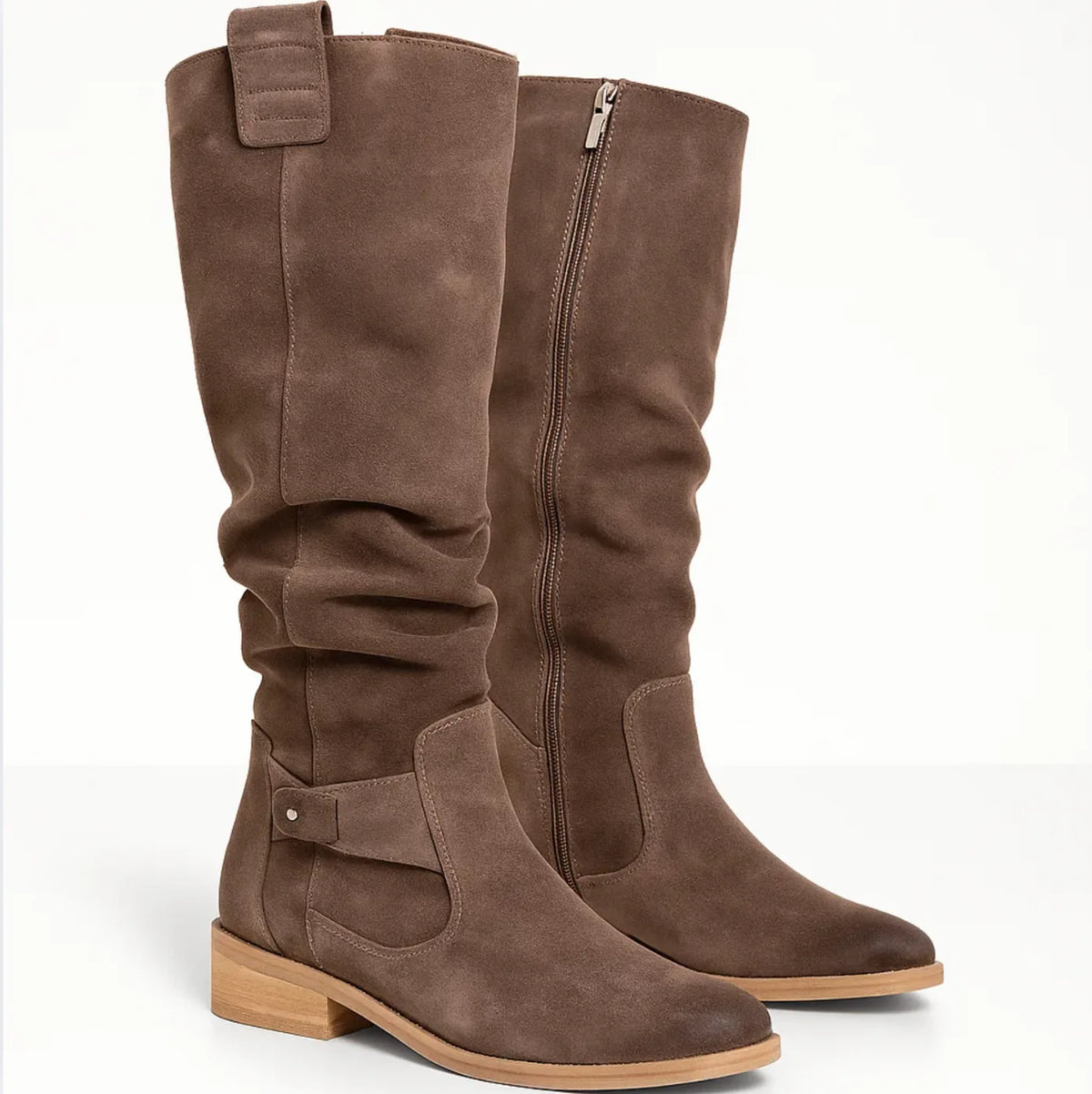 Women's slouchy knee-high boots with buckle strap, brown, pair view