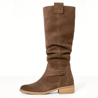 Women's slouchy knee-high boots with buckle strap, brown, side view