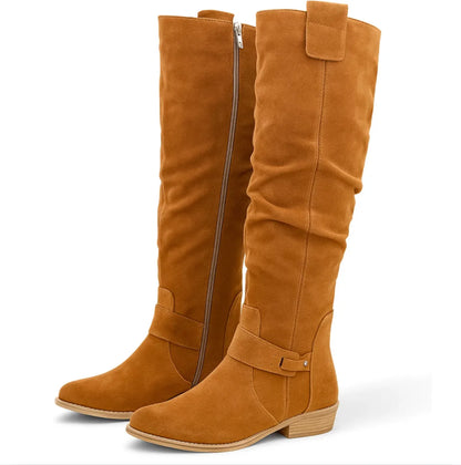 Women's slouchy knee-high boots with buckle strap, caramel, pair view