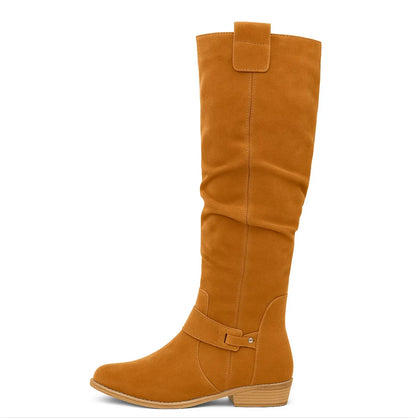Women's slouchy knee-high boots with buckle strap, caramel, side view