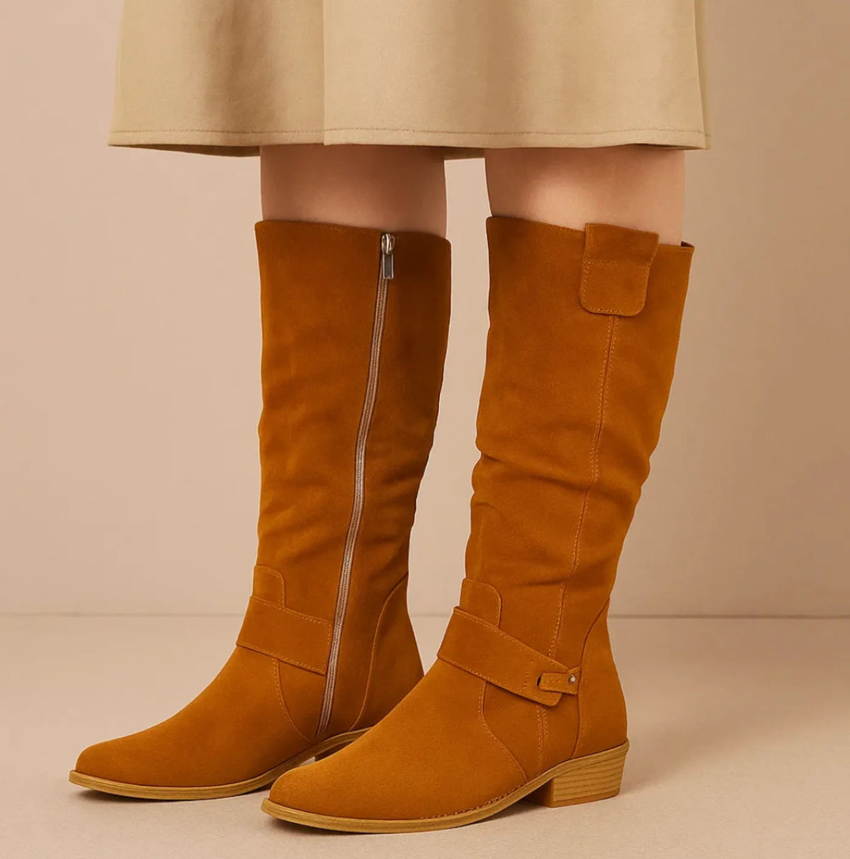 Women's slouchy knee-high boots with buckle strap, caramel, worn with a skirt